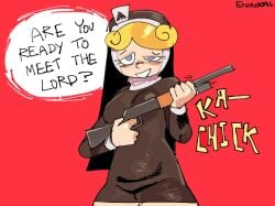 1girl 1girls black_dress black_hat blonde_female blonde_hair blue_eyes blush_lines boob_bulge boobs breasts christianity cleavage cocking_gun cropped ennuikalart gun light-skinned_female light_skin looking_at_viewer meranda_esquire_(ennuikal) no_background nun nun's_habit nun_hat nun_outfit nuns_a_blazing oc original original_character poker_cards red_background short_skirt shotgun simple_lighting slim_waist smug_expression speech_bubble stomach_bulge tagme thick_thighs weapon yellow_hair