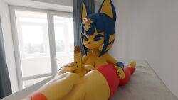 3d_(artwork) animal_crossing animatronic ankha_(animal_crossing) ankha_(hazeker) anthro avian balls bird black_nails black_nose blender_(artwork) blender_cycles_(artwork) blue_eyes blue_hair bored bottomless breasts chica_(fnaf) chicken chiku_(cryptiacurves) clothed clothing colored_nails crop_top crossover digital_media_(artwork) domestic_cat dtpncanidatronic duo felid feline felis female femboy five_nights_at_freddy's fur galliform genitals gesture hair hand_on_leg hand_on_penis hand_on_thigh handjob hi_res inside legwear looking_at_genitalia looking_at_penis lying machine male male/female mammal nails nintendo nude on_back partially_clothed penile penis phasianid raised_finger raised_pinky red_clothing red_crop_top red_legwear red_shirt red_stockings red_topwear robot scottgames sex shirt shirt_only stockings topwear topwear_only touching_penis yellow_balls yellow_body yellow_fur yellow_penis