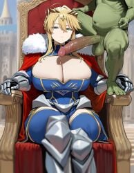 1boy 1girl 2026 2d absurd_res absurd_resolution absurdres ahoge ai_generated armor artoria_pendragon_(fate) artoria_pendragon_(lancer)_(fate) blonde_hair blue_thighhighs blurry blurry_background braid breasts cape chair cleavage cleavage_cutout closed_mouth clothed_female_nude_male clothing_cutout colored_skin crown erection fate/grand_order fate_(series) french_braid fur-trimmed_cape fur_trim gauntlets greaves green_eyes green_skin hair_between_eyes hetero hi_res high_quality high_resolution highres huge_breasts huge_penis image kuraedon large_penis leotard long_hair looking_at_penis looking_at_viewer nude patreon penis precum precum_drip red_cape sidelocks sitting sleeveless solo_focus testicles thighhighs thighs throne turtleneck uncensored uncensured veins veiny_penis