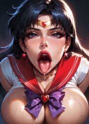 ai_generated bangs big_breasts big_lips bishoujo_senshi_sailor_moon black_hair close-up close_up_view dark_background dark_eyes dripping_saliva drooling high_quality long_hair looking_at_viewer moonchild41 open_mouth pov purple_bow red_sailor_collar rei_hino sailor_mars sailor_moon sweat toei_animation tongue_out