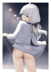 1girl absurdres ahoge anus artist_name ass bandaid bandaid_on_face black_ribbon border character_request clothes_lift commentary_request dated exhibitionism from_behind grey_eyes grey_hair grey_skirt hair_between_eyes hair_ornament hair_ribbon hairclip haruno_plum highres lamppost long_hair long_sleeves looking_at_viewer low_twintails no_panties outdoors outside_border parallel_hairclips public_indecency pussy ribbon shirt sidelocks skirt skirt_lift solo sweat thighs turning_head twintails vrchat white_border white_shirt