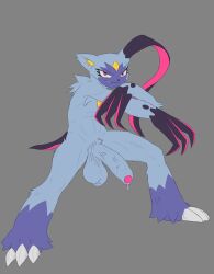 abs athletic athletic_male balls big_claws big_penis black_nose claws foreskin fur furry generation_8_pokemon genitals hi_res male mxsb_(artist) nintendo penis pink_eyes pokemon pokemon_(species) purple_body purple_fur saggy_balls samuel_(sneasler) simple_background small_tail smile smiling_at_viewer smirk smirking_at_viewer sneasler solo tail toxic_cum vein veiny_penis