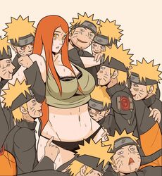 10boys 1girls 6+boys age_difference bare_arms bare_thighs big_breasts black_panties blonde_hair blush clones clothed clothed_male curvy drooling forehead_protector gangbang hip_grab incest male milf mother_and_son naruto naruto_shippuden navel no_pants older_female open_mouth panties red_hair sweat tank_top uzumaki_kushina uzumaki_naruto wide_hips younger_male