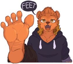 the_g0lden_0ne goldi_(the_g0lden_0ne) mammal mustelid otter cel_shading hi_res shaded anthro bottomwear clothed clothing fangs feet foot_fetish foot_focus gold_(metal) gold_jewelry hair hoodie jewelry long_hair looking_at_viewer male open_mouth pants raised_foot soles solo speech_bubble spread_toes teeth toes topwear