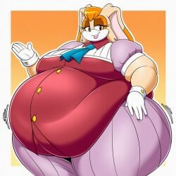 ai_generated ascot bangs beige_fur belly_overhang big_belly big_breasts big_butt button_up_shirt chubby_face fat fat_folds flabby_arms flabby_legs hazel_eyes lavender_dress obese obese_anthro obese_female orange_hair overweight overweight_anthro overweight_female rabbit rabbit_girl red_shirt sonic_the_hedgehog_(series) thick_thighs vanilla_the_rabbit white_gloves wide_hips