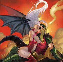 10hmugen 1boy 1girls ass batman_(series) costume cowgirl_position crossover dc dc_comics demon eastern_and_western_character fairy_tail fire kissing male mirajane_strauss red_robin ruins smoke teen_titans tim_drake white_hair wings