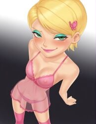 1girls 6teen ai_generated aqua_eyeshadow blonde_hair female fusionfall green_eyes hair_ornament lingerie pink_lipstick solo solo_female teletoon