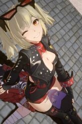 1boy 1girl 3d breasts burnice_white female glasses glasses_on_head gloves head_between_thighs headscissor humiliation shorts skirt thighs zenless_zone_zero