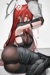 arknights:_endfield ember_(arknights:_endfield) simple_background tab_head 1girls anger_vein red_hair yellow_eyes blue_highlights multicolored_hair halo metal_halo blush bound_arms tied_hands tied_up looking_at_viewer long_hair dat_ass white_halo