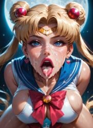 ai_generated big_lips bishoujo_senshi_sailor_moon blonde_female blonde_hair blue_eyes breasts cleavage close-up close_up_view cum_in_mouth cum_on_breasts cum_on_face curvy_female dark_background dripping_cum drooling_cum female female_only high_quality looking_at_viewer moonchild41 moonlight open_mouth pigtails pink_lips pov sailor_moon superheroine thick_thighs toei_animation tongue_out usagi_tsukino
