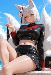 azur_lane kaga_(azur_lane) ai_generated kermixx 1girl solo breasts looking_at_viewer blush smile short_hair bangs blue_eyes skirt large_breasts long_sleeves navel holding animal_ears sitting closed_mouth underwear panties tail ahoge white_hair thighs pleated_skirt outdoors sky day midriff shiny cloud miniskirt blunt_bangs black_skirt stomach bag blue_sky crop_top wet animal_ear_fluff shiny_skin black_panties fox_ears makeup mask buttons fox_tail arm_support multiple_tails bow_panties lens_flare eyeshadow holding_clothes eyeliner mask_on_head fox_mask panties_removed holding_underwear holding_panties