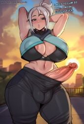 mature_futa mature_female 1futa huge_cock big_penis large_breasts big_breasts aesterai ai_generated solo breasts looking_at_viewer blush blue_eyes navel cleavage grey_hair ponytail outdoors sweat sky penis pants cloud armpits huge_breasts arms_up covered_nipples uncensored black_pants erection testicles arms_behind_head veins futanari sunset sports_bra large_penis huge_penis puckered_lips jett_(valorant) valorant