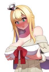 1girls absurdres bad_id bad_pixiv_id blue_eyes blush braid breasts breath cleavage commentary_request crown dress flower grabbing grabbing_breasts grabbing_own_breast half_up_braid highres huge_breasts kantai_collection kazuryuu long_hair long_sleeves mini_crown nose_blush off-shoulder_dress off_shoulder open_mouth partial_commentary red_flower red_rose rose simple_background solo sweat upper_body warspite_(kantai_collection) white_background