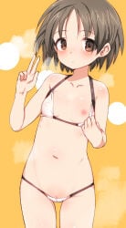 1girl bikini breasts brown_eyes brown_hair closed_mouth commentary_request deadpan dot_mouth female female_only girls_und_panzer highres looking_at_viewer maruyama_saki navel nipples orange_background pink_bikini pussy pussy_peek shimada_fumikane short_hair small_breasts solo stomach swimsuit thigh_gap v