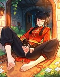 1girl ai_generated anus architecture avatar_the_last_airbender bamboo bangs barefoot black_hair blunt_bangs breasts brown_eyes chinese_clothes clitoris crotch_cutout crotchless dandelion double_bun earrings east_asian_architecture feet fingerless_gloves fire flower flower_pot gloves grass jewelry leaf lily_(flower) lily_pad long_hair looking_at_viewer lotus mai_(avatar) medium_breasts pants plant potted_plant pussy reclining red_eyes sitting smile soles solo spread_legs toeless_legwear toes torn_clothes uncensored vase white_flower