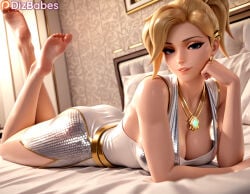 ai_generated dizbabes stable_diffusion video_game_character video_games blizzard_entertainment overwatch mercy blue_eyes blonde_hair ponytail necklace earrings side_slit sequin_dress dress cleavage big_breasts large_breasts breasts head_rest looking_at_viewer lying on_stomach legs_up bed on_bed bedroom smile smiling_at_viewer feet soles parted_lips 1girl 1girls female_only solo solo_female