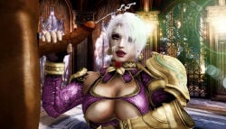 isabella_valentine ivy soul_calibur after_handjob cum looking_at_viewer white_hair blue_eyes lipstick underboob large_breasts large_penis dark-skinned_male light-skinned_female cum_on_face 3d