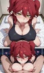 1girls ai ai-created ai_art ai_generated female female_villain ginger_female ginger_hair gundam gundam_00 hazel_eyes huge_breasts large_breasts looking_at_viewer male_pov mobile_suit_gundam nena_trinity pale_skin red-haired_female red_hair straight straight_sex tag_your_ai_trash thick_thighs twintails villainess yellow-eyed_female yellow_eyes