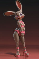 ai_generated judy_hopps zootopia female 1girl bunny v_arms platform_heels high_heels wrist_cuffs ankle_cuffs ball_gag breasts_out nipples tie miniskirt thong furry furry_female cameltoe