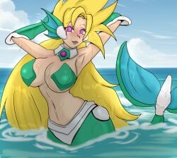 mega_man mega_man_x mega_man_x_dive 1girls merti blonde_hair long_hair pink_eyes smile hands_behind_head siren mermaid mermaid_tail mermaid_girl robot_girl big_breasts beach beach_background water sea principenegro almost_naked almost_nude bra