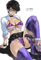 1girls absurd_res animal_print artist_name bayonetta bayonetta_(character) bayonetta_2 black_hair blue_eyes bra breasts glasses hi_res large_breasts leopard_print leopard_print_panties miniskirt ongjolpark revision simple_background solo white_background