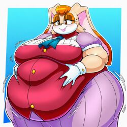 ai_generated ascot bangs beige_fur belly_overhang big_belly big_breasts big_butt button_up_shirt chubby_face fat fat_folds flabby_arms flabby_legs hazel_eyes lavender_dress obese obese_anthro obese_female orange_hair overweight overweight_anthro overweight_female rabbit rabbit_girl red_shirt sonic_the_hedgehog_(series) thick_thighs vanilla_the_rabbit white_gloves wide_hips