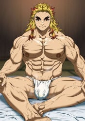 1boy abs armpit_hair ass_visible_through_thighs balls_under_clothes biceps big_areola big_bulge blonde_hair blurry_background bulge bulge_through_clothing collarbone crossed_legs demon_slayer eyelashes feet flaccid forked_eyebrows fundoshi fundoshi_only futon gay genital_outline happy_trail hi_res japanese_clothes japanese_room kimetsu_no_yaiba legs_apart long_hair looking_at_viewer male male_only manly mature_male medium_hair multicolored_hair muscles muscular muscular_arms muscular_male muscular_neck musk musk_clouds navel navel_hair peanuts4343 pecs pubic_hair pubic_hair_peek red_eyes red_hair rengoku_kyoujurou rokushaku_fundoshi shadow sitting six_pack smile solo steam tatami thick_eyebrows toes two_tone_hair veiny_arms veiny_feet very_high_resolution white_fundoshi yaoi