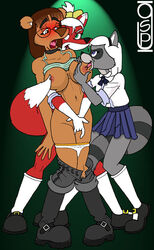 3girls anthro blush breasts clothing erect_nipples female furry greg_panovich group jennifer_(greg_panovich) mammal nipples pussy smile tagme yuri