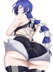 darkmonday21 promeia_(zenless_zone_zero) wide_hips hips_wider_than_shoulders big_ass fat_ass curvy curvy_female skimpy_clothes blue_hair long_hair braided_hair back_view crescent_moon_earrings ass_cleavage thick_thighs zenless_zone_zero back_cutout