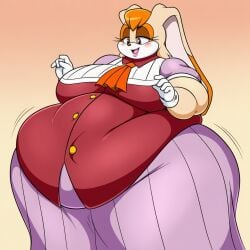 ai_generated ascot bangs beige_fur belly_overhang big_belly big_breasts big_butt button_up_shirt chubby_face fat fat_folds flabby_arms flabby_legs hazel_eyes lavender_dress obese obese_anthro obese_female orange_hair overweight overweight_anthro overweight_female rabbit rabbit_girl red_shirt sonic_the_hedgehog_(series) thick_thighs vanilla_the_rabbit white_gloves wide_hips