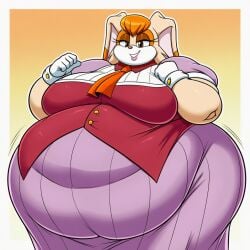 ai_generated ascot bangs beige_fur belly_overhang big_belly big_breasts big_butt button_up_shirt chubby_face fat fat_folds flabby_arms flabby_legs hazel_eyes lavender_dress obese obese_anthro obese_female orange_hair overweight overweight_anthro overweight_female rabbit rabbit_girl red_shirt sonic_the_hedgehog_(series) thick_thighs vanilla_the_rabbit white_gloves wide_hips