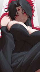 1girl absurdres armwear bare_shoulders big_breasts black_dress black_hair blush blushing breasts breasts_bigger_than_head centuria centuria_(manga) cleavage collarbone dress facial_mark female female_focus female_only forehead_mark helem_(centuria) highres huge_breasts inner_sideboob large_breasts licking_lips long_bangs long_hair looking_at_viewer makeup massive_breasts mommy pattern pervert red_eyes sideboob simple_background sleeves solo solo_focus symbol-shaped_pupils tettora tongue tongue_out villainess
