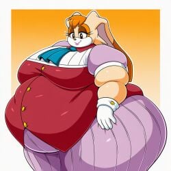 ai_generated ascot bangs beige_fur belly_overhang big_belly big_breasts big_butt button_up_shirt chubby_face fat fat_folds flabby_arms flabby_legs hazel_eyes lavender_dress obese obese_anthro obese_female orange_hair overweight overweight_anthro overweight_female rabbit rabbit_girl red_shirt sonic_the_hedgehog_(series) thick_thighs vanilla_the_rabbit white_gloves wide_hips