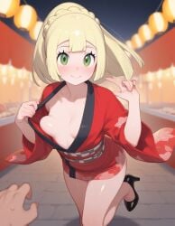 ai_generated bare_legs blonde_female breasts_out focus_on_chest green_eyes heavenly_body high_heels kimono lillie_(pokemon) perfect_ass petite_female pokemon pretty_girl seductive_smile sexy slutty_dress slutty_female small_breasts