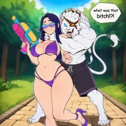 1girls ai ai_assisted ai_generated behind_another bikini bikini_bottom bikini_top caitlyn_kiramman caught caught_off_guard dialogue grabbed_from_behind imminent_defeat imminent_rape instant_karma league_of_legends moments_before_disaster prussia123 purple_bikini rengar sexy sexy_body sexy_clothing sexy_female strangling summoner's_rift water_gun