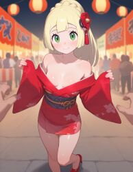 ai_generated bare_legs blonde_female breasts_out focus_on_chest green_eyes heavenly_body high_heels kimono lillie_(pokemon) perfect_ass petite_female pokemon pretty_girl seductive_smile sexy slutty_dress slutty_female small_breasts