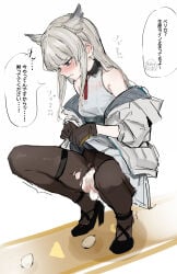 1girl absurdres animal_ears arknights arknights:_endfield bare_shoulders belt bird_ears bird_girl black_pantyhose blunt_bangs blush censored clenched_teeth clothes_lift commentary_request death_unagi dress dress_lift egg egg_laying extra_ears female female_only female_pubic_hair gloves high-waist_belt highres jacket lifting_own_clothes long_hair long_sidelocks mosaic_censoring multicolored_gloves off_shoulder pantyhose perlica_(arknights) pleated_dress pubic_hair sidelocks sleeveless sleeveless_dress solo speech_bubble spread_legs squatting sweat teeth thigh_strap torn_clothes torn_pantyhose translated two-sided_fabric two-sided_gloves two-sided_jacket two-tone_gloves white_dress white_jacket