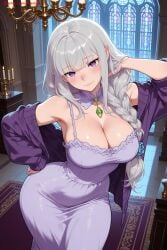 kiraamane ai_generated patreon seductive sexy uncensored watermark hi_res high_quality high_resolution emilia_(re:zero) re:zero pointy_ears breasts cleavage purple_eyes elf long_hair 1girl indoors dress large_breasts looking_at_viewer bookshelf armpits smile solo bare_shoulders braid bangs jewelry gem white_dress leaning_forward hand_on_hip blush silver_hair brooch book window jacket