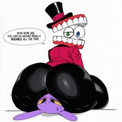 the_amazing_digital_circus jax_(the_amazing_digital_circus) caine_(the_amazing_digital_circus) 2boys gay top_hat facesitting blank_background looking_back dialogue text ai_generated kiwispinda butt huge_ass ass big_ass black_pants rabbit pink_skin red_jacket glitch_productions sitting_on_face butt_on_face butt_crush