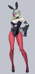 ai_generated yu-gi-oh! female solo 1girls female_only boobs necklace bunny_ears bunnysuit fringe standing leotard playboy_bunny simple_background outfit diabellstar_the_black_witch astellar_diabellstar_(sinful_spoils) gothic silver_hair silver_eyes green_hair red_hair multicolored_hair serious pose looking_at_viewer pale_skin hand_on_hip black_nails red_pantyhose earrings closed_mouth