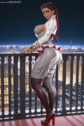 spicytoonai ai_generated patreon seductive sexy uncensored watermark hi_res high_quality high_resolution loba_(apex_legends) apex_legends 1girl breasts ass solo braid jewelry looking_at_viewer large_breasts railing looking_back red_eyes smile standing long_hair full_body sky brown_hair boots outdoors earrings high_heels