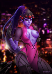 1girls blizzard_entertainment breasts female female_only gloves highres large_breasts long_hair nipple_bulge nipples overwatch ponytail purple_hair purple_lips solo tagme tied_hair very_long_hair widowmaker yellow_eyes zamzalia