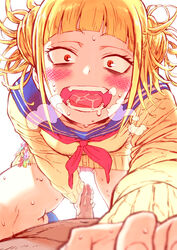 1boy 1girls blonde_hair blush breath cat_eyes censored cowgirl_position double_bun drooling eye_contact eyelashes eyeshadow female fringe hair_bun handjob heavy_breathing highres himiko_toga looking_at_viewer male male_pov my_hero_academia open_mouth panties partial_male penis pink_panties pov pussy red_eyes reverse_rape saliva school_uniform serafuku sharp_teeth short_hair simple_background solo_focus straight sweat teenager tied_hair tongue underwear white_background yellow_eyes yoro4545