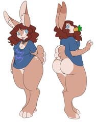 2016 anthro ass big_butt blue_eyes bottomless breasts brown_hair bubble_butt carrot choker cleavage clothed clothing english_text female fluffy fluffy_tail food hair heart_pendant hi_res lagomorph long_ears long_hair looking_at_viewer looking_away mammal model_sheet nipple_bulge object_in_mouth pussy rabbit simple_background solo sucking sweetlemondragon text thick_thighs vegetable wide_hips