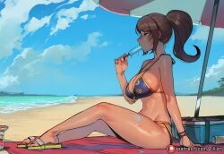 tillian ai_generated danganronpa asahina_aoi 1girl swimsuit breasts food bikini outdoors popsicle solo beach brown_hair sandals ponytail cooler large_breasts day blue_eyes sitting patreon_username sky umbrella