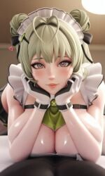 1girls ai_generated antenna_hair apron ascot ascot_between_breasts cleavage double_bun dress female frilled_apron frills gloves goddess_of_victory:_nikke green_hair hairbuns heart highres huge_breasts large_breasts long_hair looking_at_viewer maid maid_apron maid_dress maid_headdress maid_uniform male mole mole_on_breast multicolored_gloves red_eyes revealing_clothes soda_(nikke) solo thick_thighs thighhighs truegoon two-tone_gloves uniform waist_apron white_thighhighs