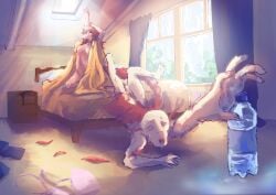 absurd_res after_sex anon_(snoot_game) anthro bald barely_visible_genitalia barely_visible_vulva bed bedding bedroom big_daddy_(artist) bite_mark blanket bodily_fluids bottle bra breasts cavemanon_studios clothing colored container convenient_censorship crossgender curtains_open day dehydration detailed_background digital_media_(artwork) digital_painting_(artwork) dinosaur dromaeosaurid duo exhausted feathered_tail feathers female fingers furniture genitals goodbye_volcano_high hair happy hi_res human human_on_anthro humanoid_hands inside interspecies ko_op_(game_developer) long_hair long_tail looking_at_another male male/female mammal medium_breasts motion_lines mtf_crossgender non-mammal_breasts nude nude_anthro nude_female nude_human nude_male on_bed open_mouth painting_(artwork) pillow pink_body prehistoric_species red_body red_feathers red_hair reed_(gvh) reeda reptile rule_63 saurischian scalie shaded sitting smile snoot_game stretching sweat sweatdrop sweaty_body tail theropod tired underwear velociraptor vulva water_bottle window