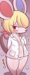 animal_crossing anthro blonde_hair blush breasts female heart japanese_text mouse nintendo panties petri_(animal_crossing) solo thick_thighs urumin3939 video_games wide_hips