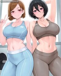 breasts looking_at_viewer blush smile short_hair bangs multiple_girls large_breasts brown_hair black_hair navel 2girls cleavage hair_between_eyes bare_shoulders brown_eyes closed_mouth standing collarbone thighs cowboy_shot midriff pants armpits stomach black_eyes arm_up v arm_behind_back sports_bra sportswear blue_pants tight_pants yoga_pants gym dumbbell mikasa_ackerman attack_on_titan shingeki_no_kyojin nobara_kugisaki kugisaki_nobara ai_generated dandanhub