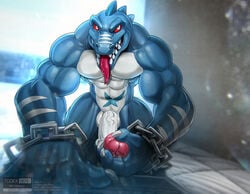 2016 alligator anthro balls blue_skin chains crocodile crocodilian donkey_kong_(series) fangs humanoid_penis kludge looking_at_viewer male male_only masturbation muscular muscular_male nintendo nude penile_masturbation penis red_eyes reptile scalie solo todex tongue video_games